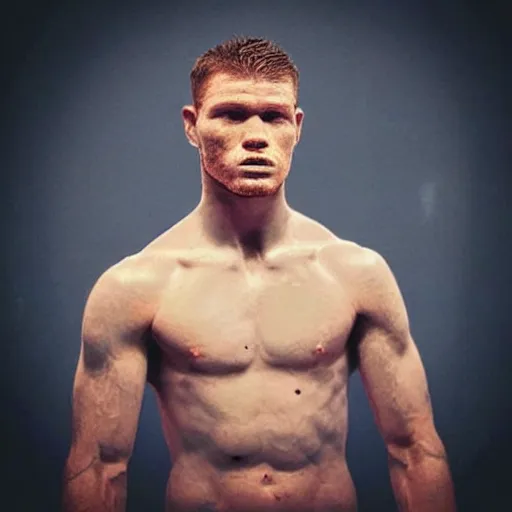 Image similar to “a realistic detailed photo of a guy who is an attractive humanoid who is half robot and half humanoid, who is a male android, boxer Canelo Álvarez, shiny skin, posing like a statue, blank stare”