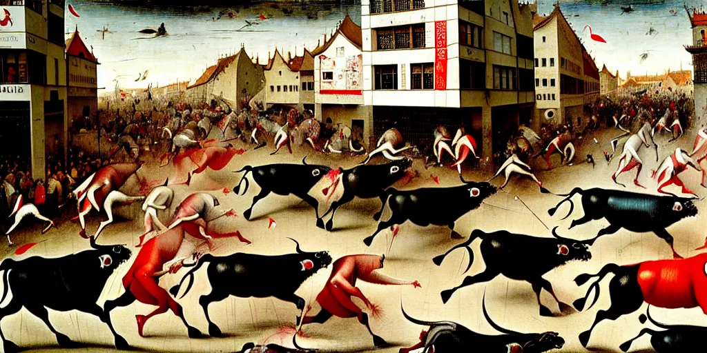 Image similar to the running of the bulls in pamplona, hundreds of people are fleeing from rampaging bulls in the city streets, art by hieronymus bosch, intricate, elegant, highly detailed, smooth, sharp focus, artstation