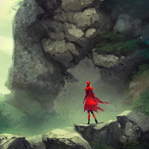 Prompt: a beautiful illustration of a woman with red hood walking between rocks, by greg rutkowski, digital artwork, artstation, cgartists, conceptartworld, deviantart, magic the gathering artstyle, floating magical rocks, lush green meadow