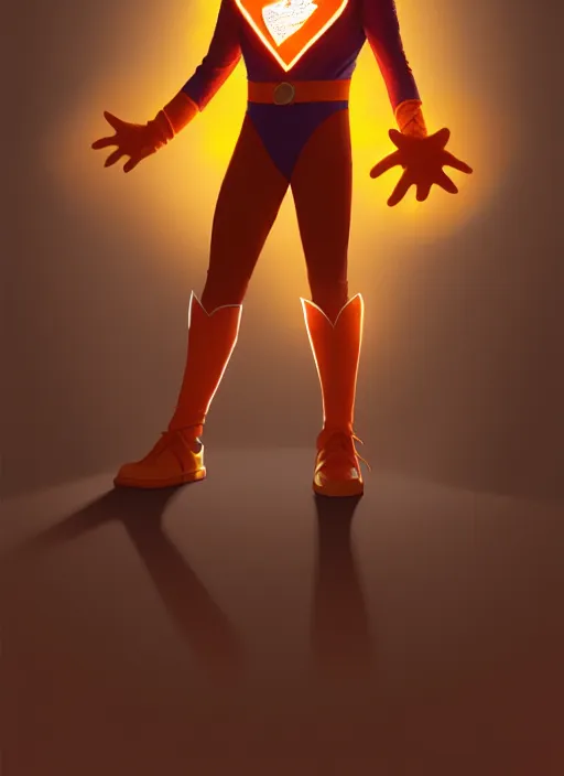 Image similar to kind teenage archie andrews wearing an orange superhero costume, superhero costume with heart emblem, cape, intricate, elegant, glowing lights, highly detailed, digital painting, artstation, sharp focus, illustration, art by wlop, mars ravelo and greg rutkowski