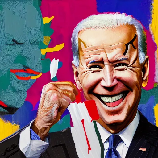 Image similar to a painting of joe biden laugh in tea party with taliban, ultra detailed content : face, gesture, body, mimic. random position content, frontal realistic, sharp focus, intricate, dynamic composition, rgb colors, remove duplicate contents.