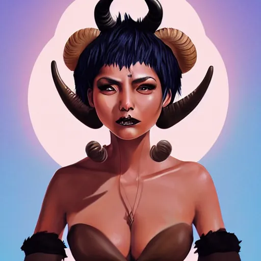 Image similar to illustrated realistic portrait of ram-horned devil woman with blue bob hairstyle and her tan colored skin and with solid black eyes wearing leather by rossdraws