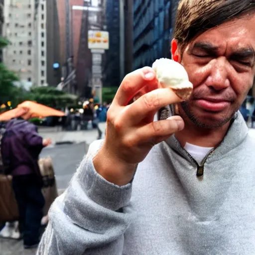 Prompt: photograph of a crying man holding a tiny small ball of ice cream in nyc.