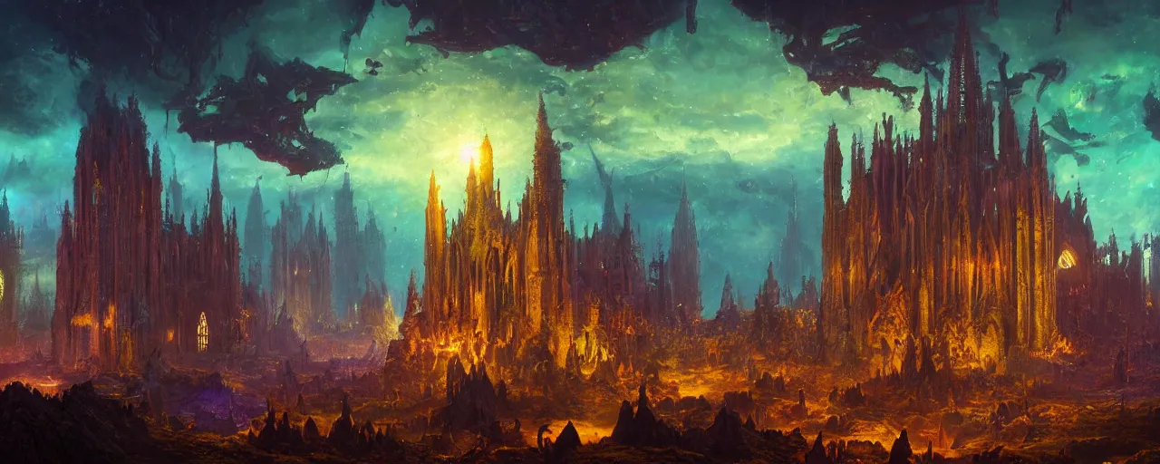 Image similar to ” otherworldly landscape with an epic cathedral, [ by paul lehr, cinematic, detailed, epic, widescreen, opening, establishing, mattepainting, photorealistic, realistic textures, octane render ] ”