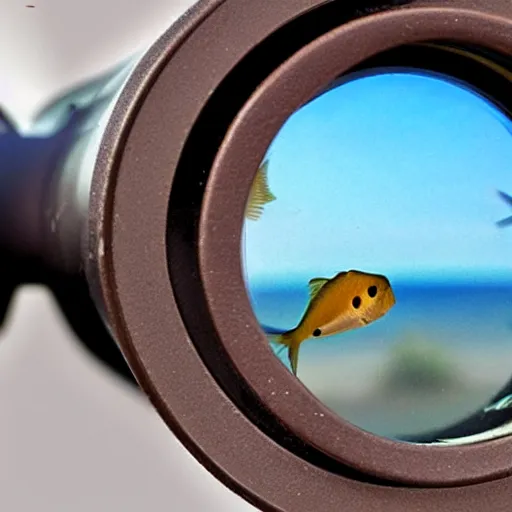 Prompt: a fish looking in binoculars