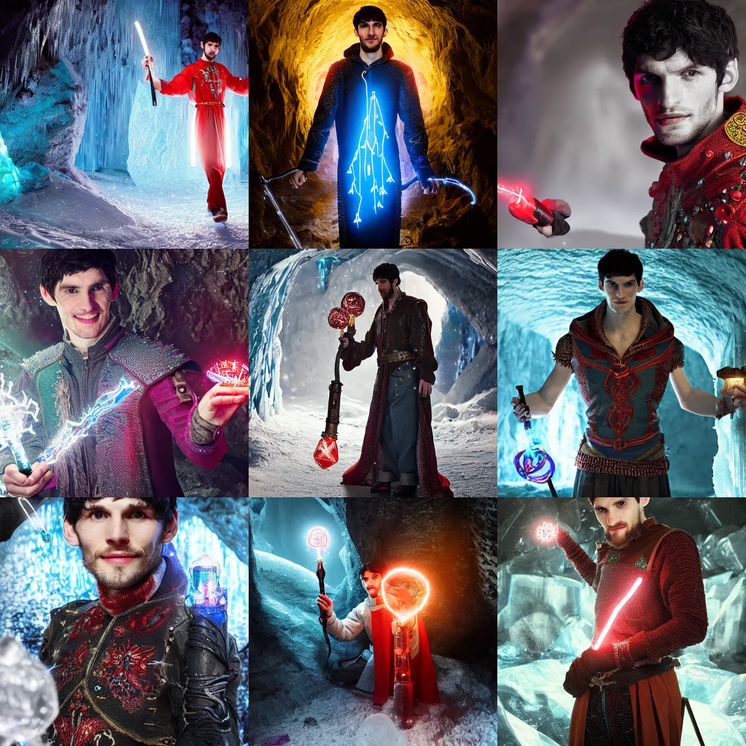 Prompt: Colin Morgan wearing a fine wizards tunic embroidered with crystals, holding a small glowing red magical wand with electrical bolts emitting from it. In a cave made of ice. Trending on Artstation, octane render, ultra detailed, art by Ross tran