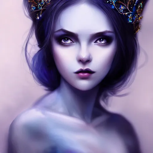 Image similar to detailed portrait of a dark fairy queen , realism, pale blue, emerald, sapphire,dark purple crown,leaves, moonlit, dark fantasy, dramatic lighting, cgsociety, artstation