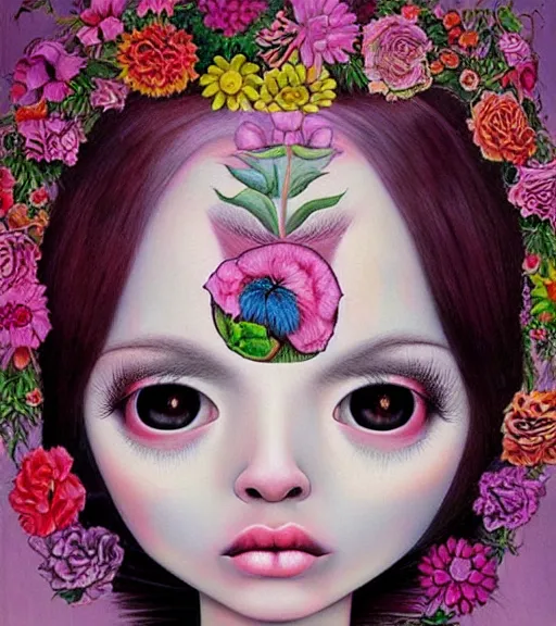 Image similar to portrait of a flowerpunk girl's face, lowbrow painting by mark ryden and hiroyuki mitsume - takahashi