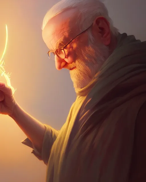 Image similar to highly detailed vfx portrait of an old mage casting a light spell, unreal engine, greg rutkowski, loish, rhads, beeple, makoto shinkai and lois van baarle, ilya kuvshinov, rossdraws, tom bagshaw, alphonse mucha, global illumination, detailed and intricate environment