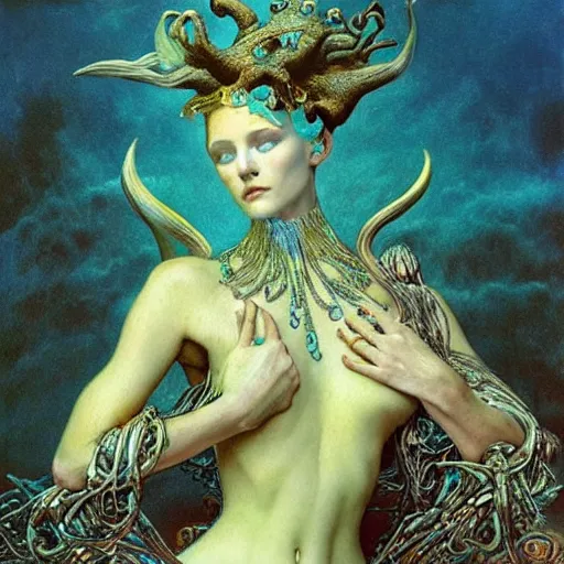 Image similar to queen of neptune by zdzisław beksinski, alexander mcqueen, gaston bussiere and alphonse mucha. highly detailed, hyper - real, beautiful