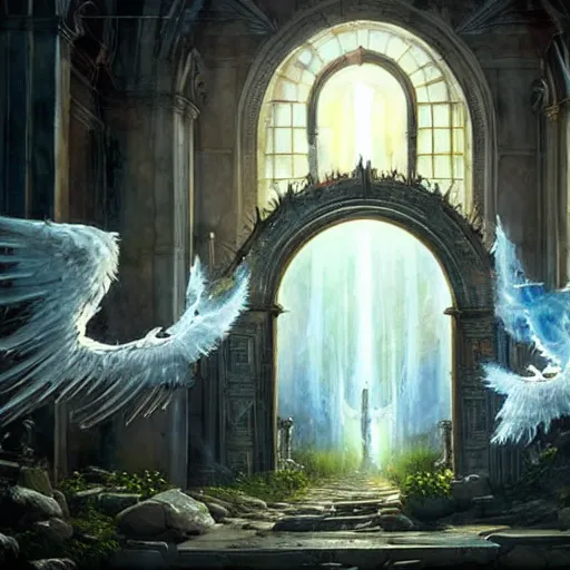 Prompt: the gates of heaven with angels, hyper realistic, in the style of greg rutkowski, fantasy, amazing detail