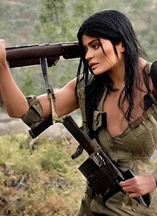 Image similar to film still of kylie Jenner as John Rambo in Rambo.