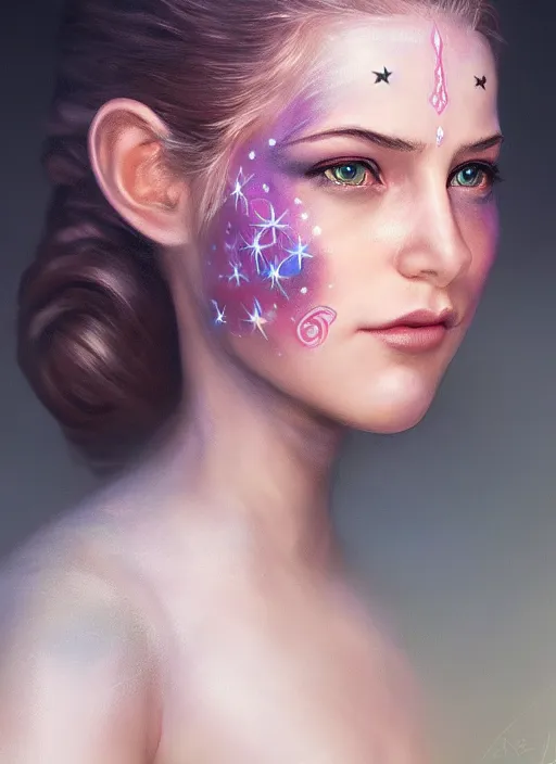 Prompt: a gorgeous princess, detailed Star Wars face paint, 8k render, ultra realistic, soft lighting, artstation, Annie Leibovitz, artgerm