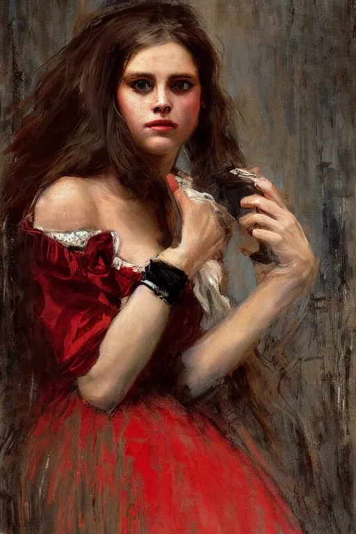 Image similar to Solomon Joseph Solomon and Richard Schmid and Jeremy Lipking victorian genre painting full length portrait painting of a young beautiful woman traditional german french Brigitte Bardot barmaid in fantasy costume, red background