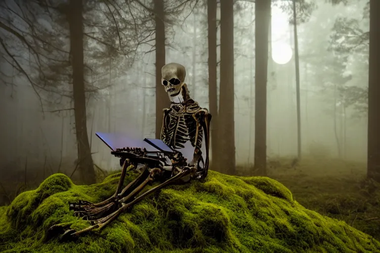 Prompt: a burning with fire human skeleton sitting behind computer, overgrown with moss, in foggy forest, at night with moon light, dark atmosphere, by carus carl gustav
