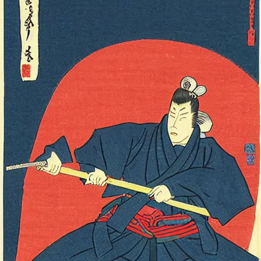 Prompt: ukiyo-e print block of Obama samurai wielding a katana