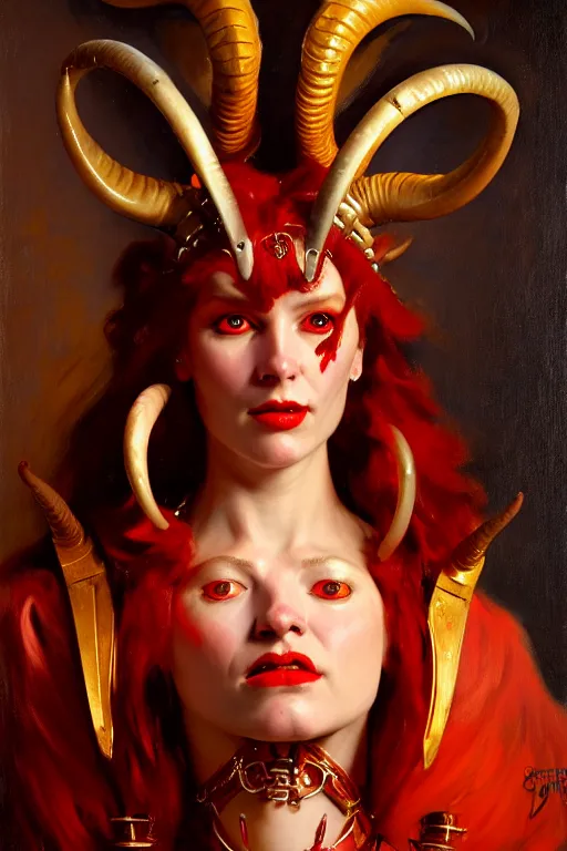 Image similar to painted close - up portrait of a very attractive red - skinned intimidating demon i robot girl with ram horns! oil painting, wearing a noblewoman's outfit, fantasy art by john singer sargent and gaston bussiere and james jean and greg rutkowski, demon noble character design, hd