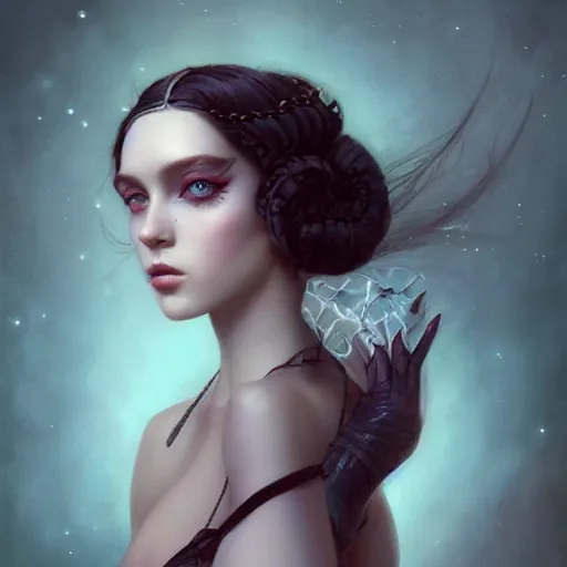 Prompt: tom bagshaw portrait, very beautiful dollpunk in a full dress, professionally retouched, perfect blue eyes, ultra realistic soft painting, floating long hair, soft facial traits, perfectly detailed linework, symmetrical accurate intricate features, highly detailed, artstation, sharp focus