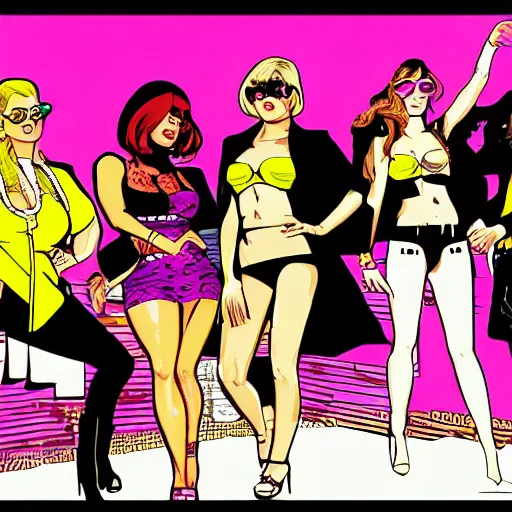 Prompt: pimp surrounded by girls in the style of gta vice city, comic book, cartoon, jim steranko