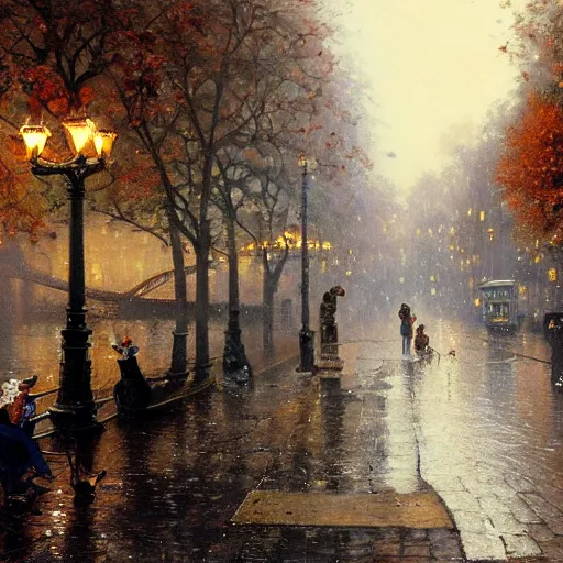 Image similar to autumn in paris, ornate, beautiful, atmosphere, vibe, mist, smoke, fire, chimney, rain, wet, pristine, puddles, melting, dripping, snow, creek, lush, ice, bridge, forest, roses, flowers, by stanley artgerm lau, greg rutkowski, thomas kindkade, alphonse mucha, loish, norman rockwell