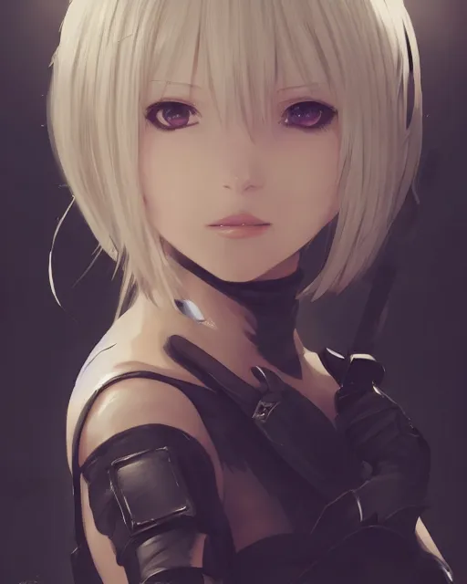 Image similar to An anime portrait of 2B from nier automata, by Stanley Artgerm Lau, WLOP, Rossdraws, James Jean, Andrei Riabovitchev, Marc Simonetti, and Sakimichan, highly detailed, ultra detailed, golden hour, trending on artstation, cgstudio