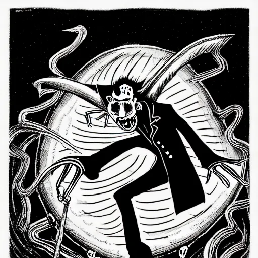 Image similar to black and white trippy surreal comic art of dracula the vampire vampire vampire roller skating on roller skates, drawn by martin rowson, tim burton, alex pardee, nekro petros afshar, james mcdermott, cgsociety 4 k