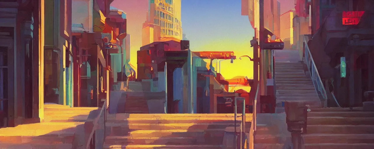 Image similar to A simplistic oilpainting of neo brutralism, a long stairway up, concept art, colorful, vivid colors, sunrise, warm colors, light, strong shadows, reflections, cinematic, 3D, in the style of Akihiko Yoshida and Edward Hopper