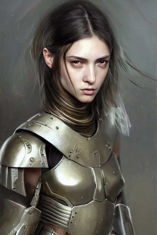 Image similar to a photorealistic painting of an attractive young girl, partially clothed in metal-plated battle armor, olive skin, long dark hair, beautiful bone structure, symmetrical face, perfect eyes, intricate, elegant, digital painting, concept art, illustration, sharp focus, minimal artifacts, from Metal Gear, in the style of Ruan Jia and Mandy Jurgens, by Greg Rutkowski, trending on Artstation, award winning