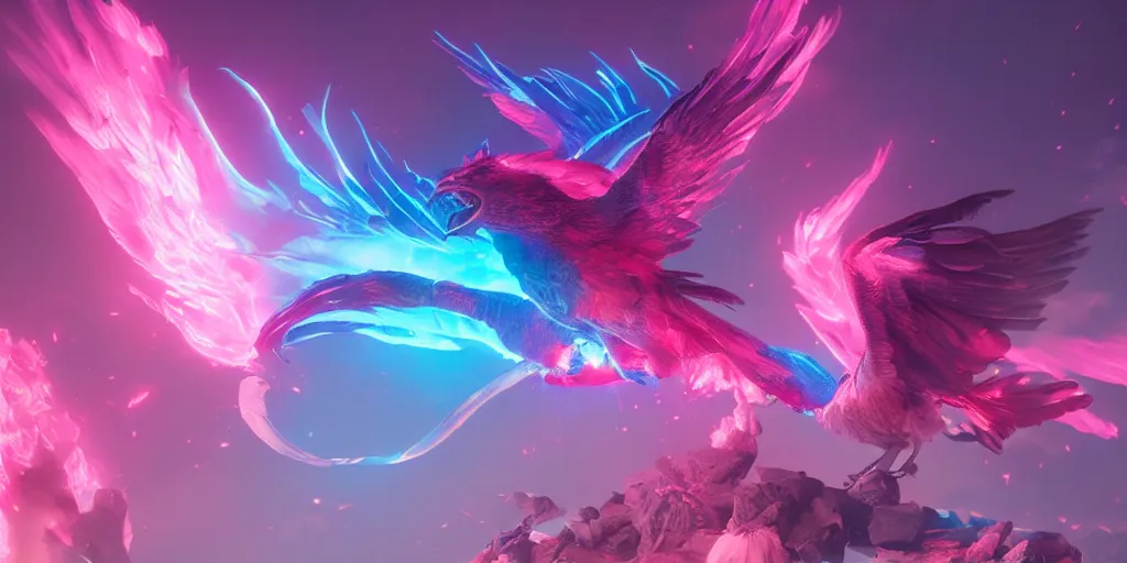 Prompt: rise like a phoenix, pink and blue lighting, cinematic lighting, trending on artstation, 4k, hyperrealistic, focused, extreme details, unreal engine 5, cinematic, masterpiece
