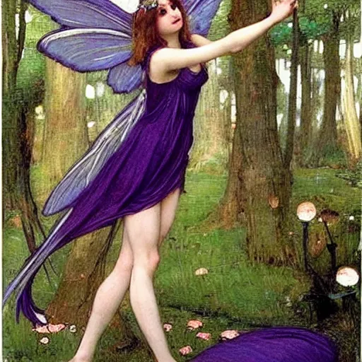 Prompt: very very very beautiful tiny fairy woman in her 20s with fairy wings wearing skintight purple dress, making eye contact, smiling, flirty, perfect body, perfect face, drawn by john william waterhouse
