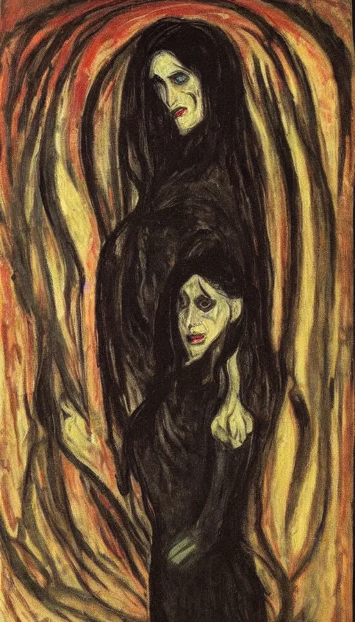 Image similar to carmilla vampire, expressionist painting, by edvard munch, catacombs