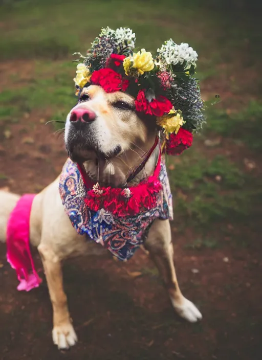 Prompt: 3 5 mm macro photography of a dog wearing a floral headdress and paisley suit