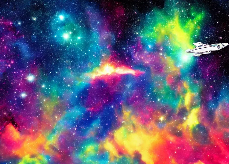 Prompt: spaceship flying over huge and colorful nebula, spray paint