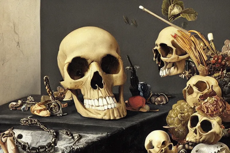 Prompt: a vanitas painting from the 21st century by clara peeters and pieter claesz with a skull but also with air pods, a smartphone and a huge NVIDIA RTX GPU , cables, wires