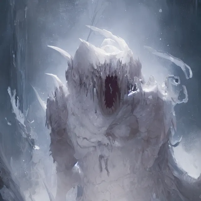 Image similar to a painting of an ice demon by greg rutkowski, dark fantasy art, high detail, trending on artstation