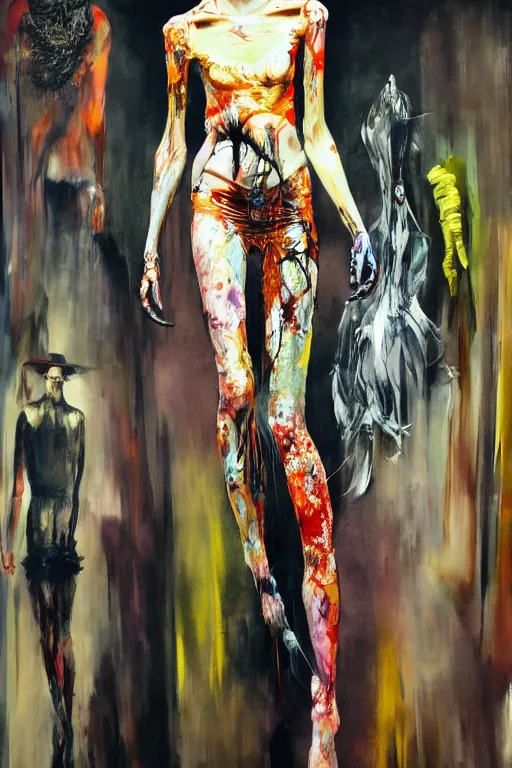 Image similar to crazy fashion catwalk, one model, crazy clothes, biopunk style, horror, hauntingly surreal, highly detailed painting by francis bacon, edward hopper, adrian ghenie, gerhard richter, and james jean soft light 4 k,