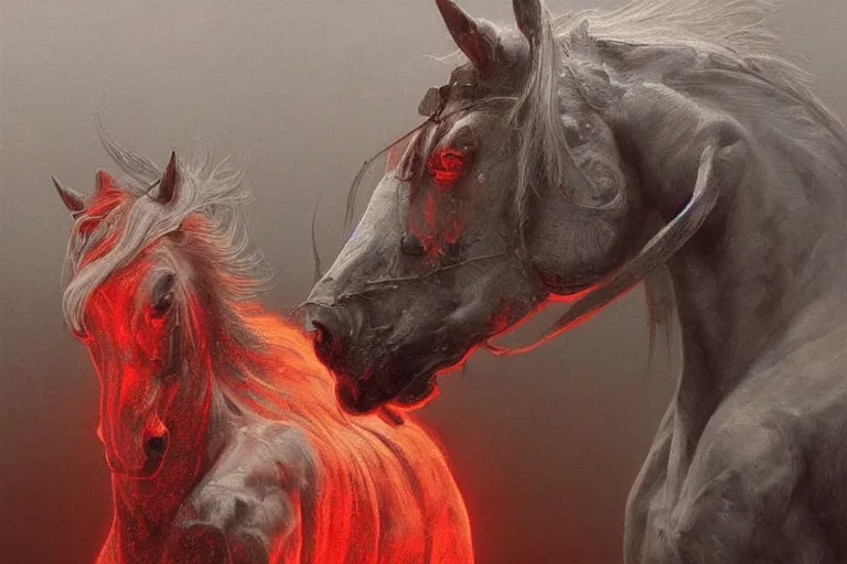 Image similar to a white cyberpunk horses with human heads, in the style of beksinski, intricate and epic composition, red by caravaggio, insanely quality, highly detailed, masterpiece, red light, artstation, 4 k