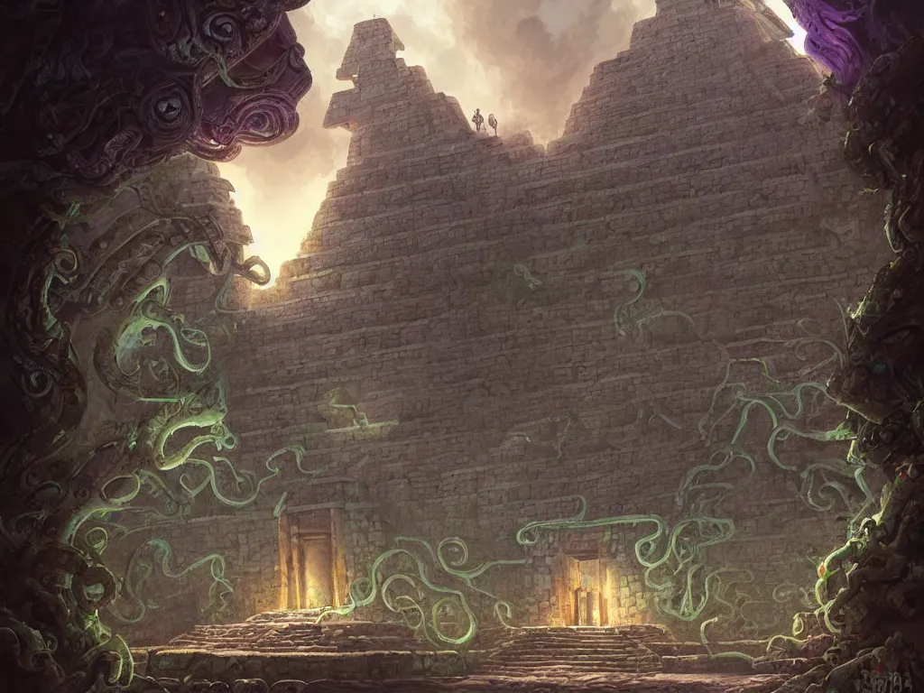 Prompt: A mysterious ancient Mayan temple with tentacles coming out of the massive entrance art by Jordan Grimmer, trending on artstation