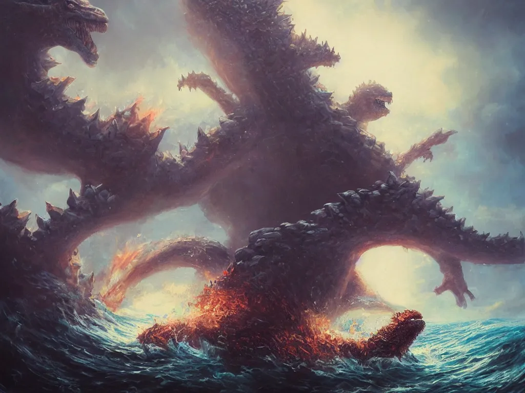 Image similar to oil painting of Godzilla rising from the ocean, epic scene, gigantic monster, peter mohrbacher