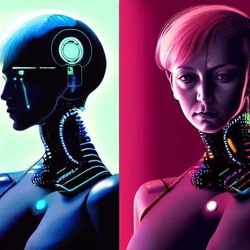 Prompt: a extremely detailed digital painting of a highly complex humanoid android woman with integrated cybernetic modifications, cyberpunk art by ilya kuvshinov, trending on cgsociety, computer art, ilya kuvshinov, artstation hd, artstation hq, photo realistic, hyperrealism