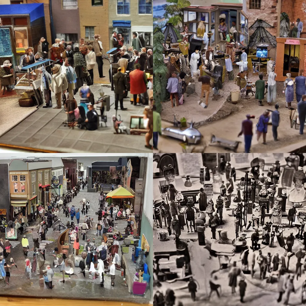 Prompt: Photo microscope, diorama of people in the town.