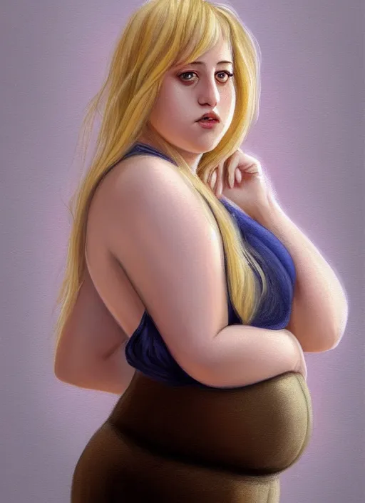 Prompt: full body portrait, teenage lili reinhart, blonde hair, obese, bangs, ponytail, sultry, realistic, sultry, fluffy bangs, shirt, curly bangs, fat, belly, intricate, elegant, highly detailed, digital painting, artstation, concept art, smooth, sharp focus, illustration, art by wlop, mars ravelo and greg rutkowski