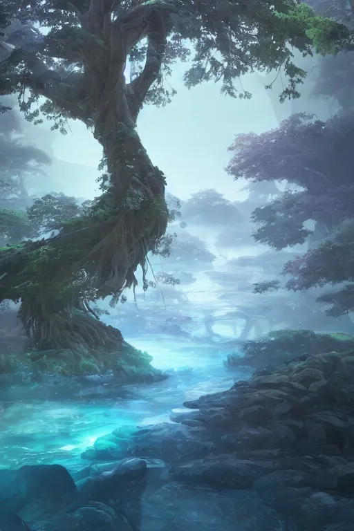 Image similar to ethereal river flowing through a giant ancient tree, serene evening atmosphere, soft lens, soft light, cel - shading, animation, in the style of cgsociety, deviantart, artstation, zbrush, cinema 4 d, studio ghibli, akihiko yoshida, atelier lulua, masamune shirow