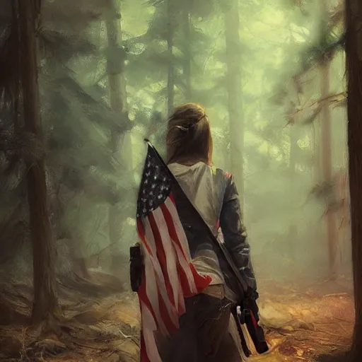 Image similar to tiny american flag in the forest, digital art by ruan jia and mandy jurgens and artgerm, realistic face, highly detailed, trending on artstation, award winning