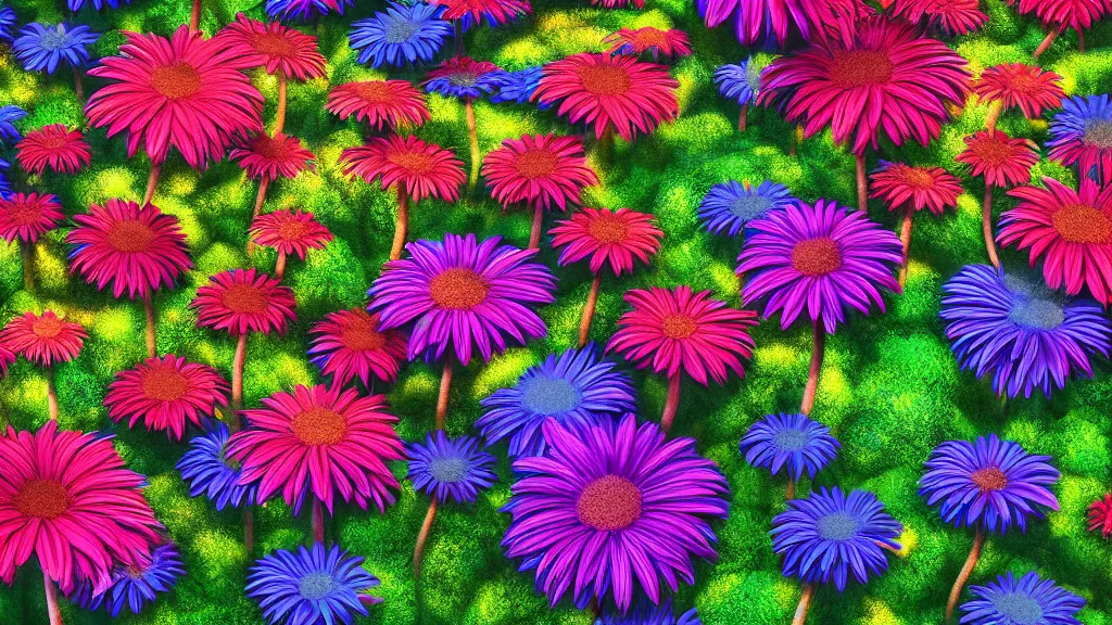 Prompt: digital illustration of a forest of giant multi - colored gerber daisy megaflowers by dr. seuss, reimagined by ilm and beeple : 1 | megaflora, spectral color, electric color, rolling hills : 0. 9 | fantasy : 0. 9 | unreal engine, deviantart, artstation, hd, 8 k resolution : 0. 8