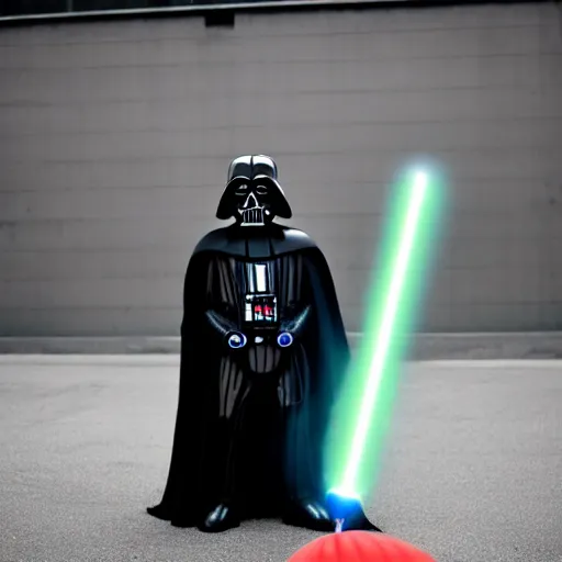 Prompt: A photo of an inflateable tube man Darth Vader in a lightsaber duel with an inflateable Tube man Luke Skywalker. 50mm, f1.8.