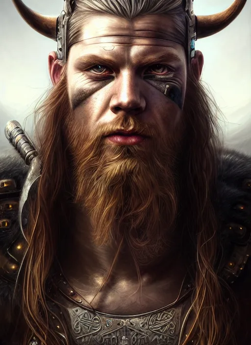 Image similar to closeup portrait shot of a cyberpunk viking in a scenic dystopian environment, intricate, elegant, highly detailed, centered, digital painting, artstation, concept art, smooth, sharp focus, illustration, artgerm, tomasz alen kopera, peter mohrbacher, donato giancola, joseph christian leyendecker, wlop, boris vallejo