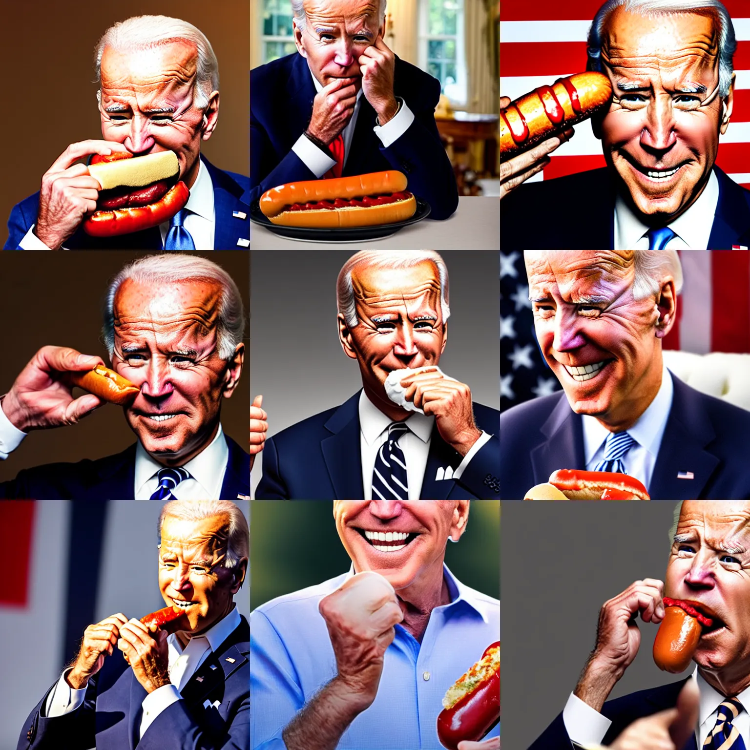 Prompt: joe biden rubbing a hotdog against his face, realistic, 8 k, incredible lighting, award winning.