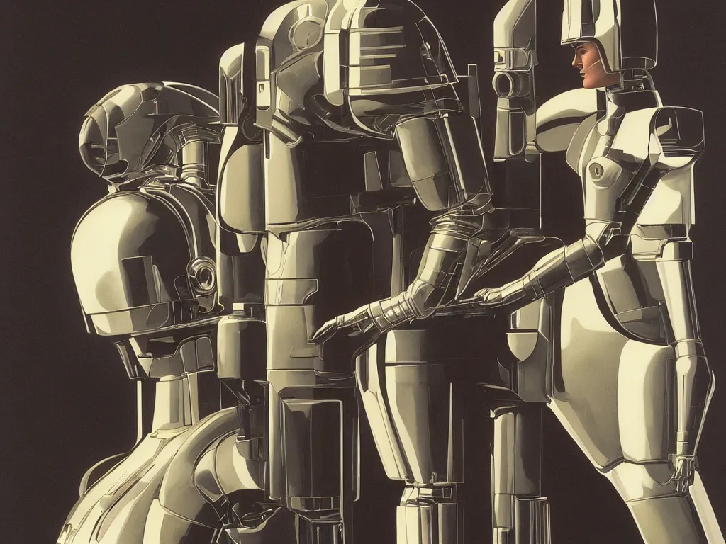 Prompt: a Royal portrait of chrome android woman as illustrated by Ralph Mcquarrie. 1991