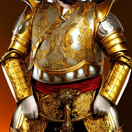 Image similar to man in royal decorated with gold medieval baroque style armor and helmet and golden cross on his chest rennaisance art style high resolution high detail